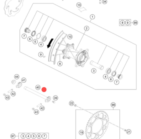 KTM Wheel spindle rear wheel cmpl. Ось заднего колеса 125-450 SX/SXF 23-> / EXC/EXCF 24-> ( A46010185044 / A46010085044 )